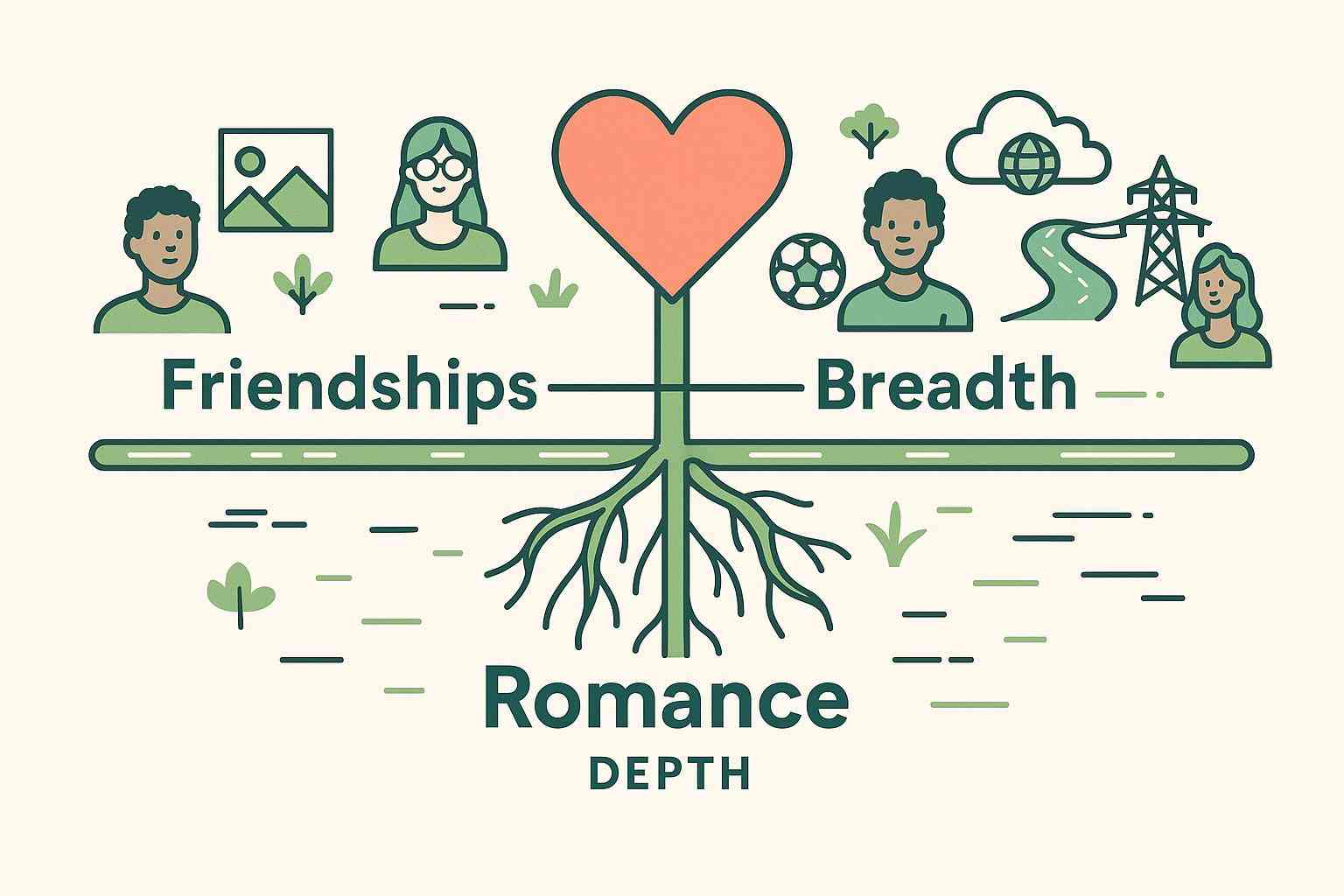 Diagram showing romance as depth and friendships as breadth in an emotional support network